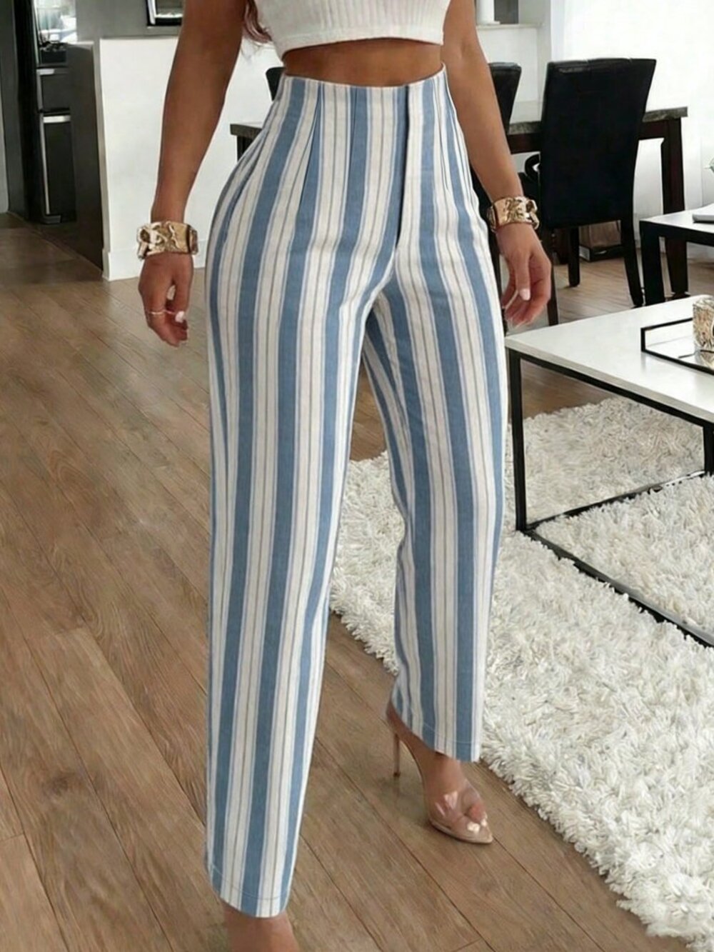 Multicolor Casual Women's Elegant Striped Pleated Side Pocket Slim Fit Pants